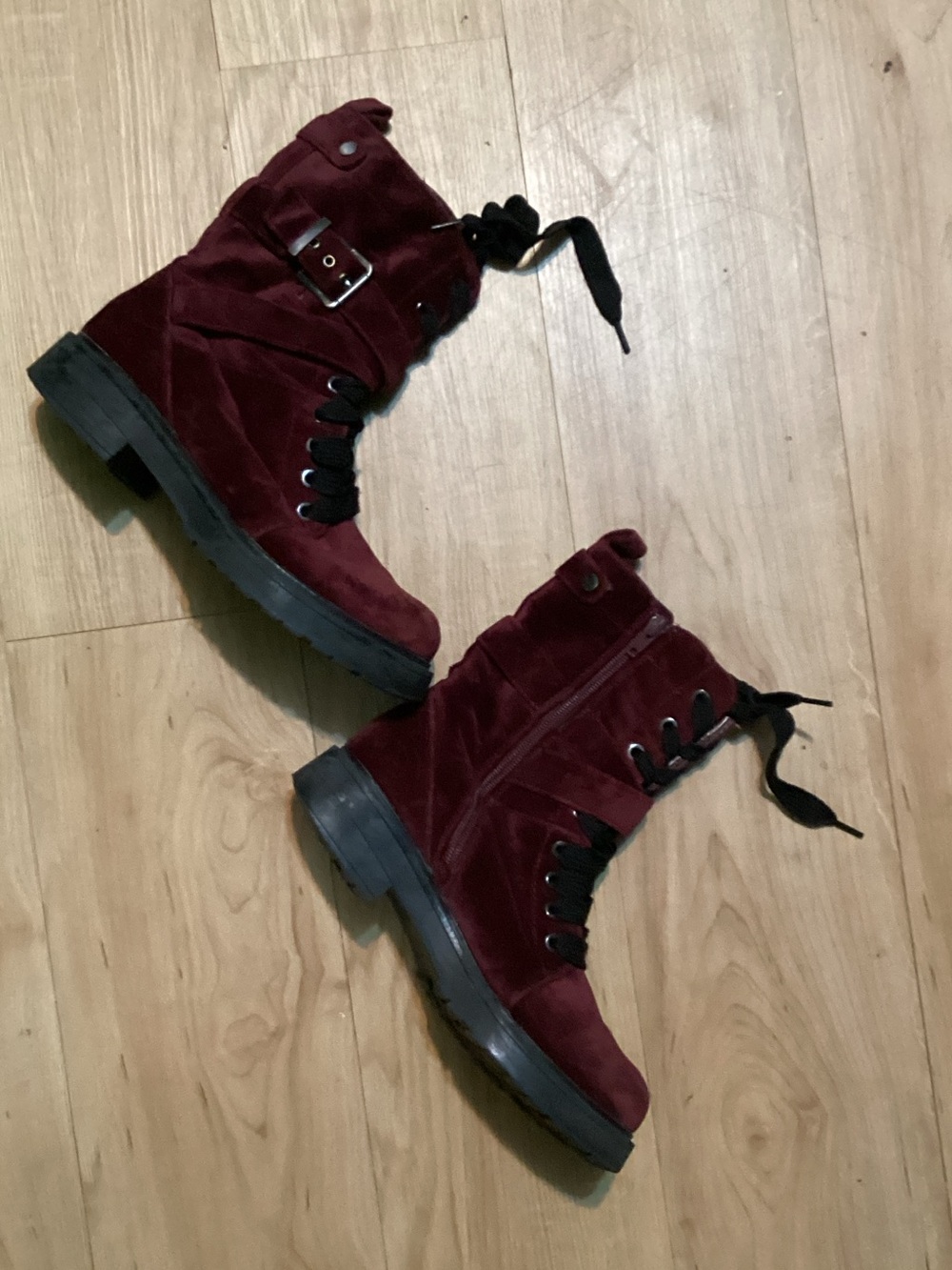 Call It Spring Burgundy Velvet Combat Boots size 6.5